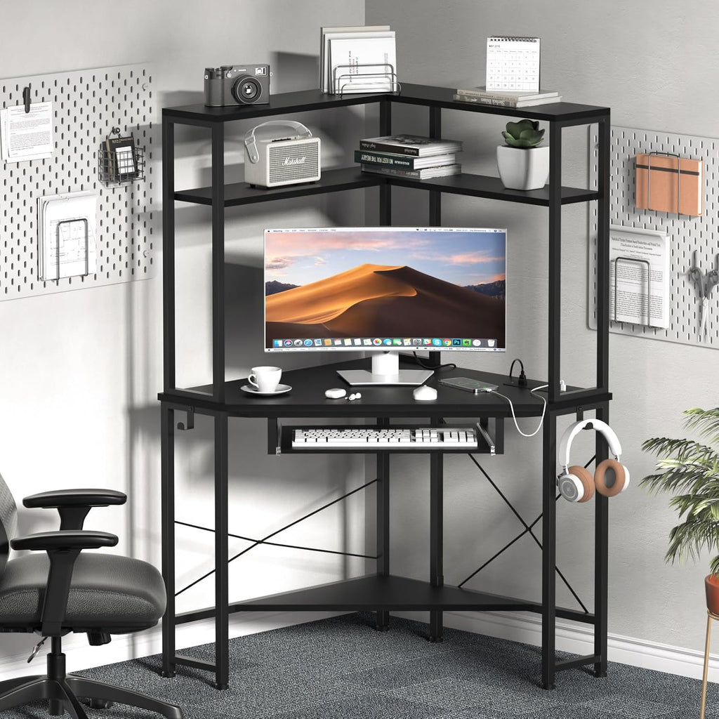 Corner Desk with Hutch and LED Lights, Corner Computer Desk with Keyboard Tray and Monitor Stand, Small Computer Desk for Small Spaces, Home Office