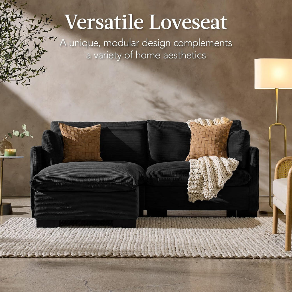 Best Choice Products Modern Loveseat Sofa for Living Room, Corduroy Recliner, Removable Cover, Spring Cushions, Solid Wood Frame, Easy Assembly for Small Spaces, 82in – Black