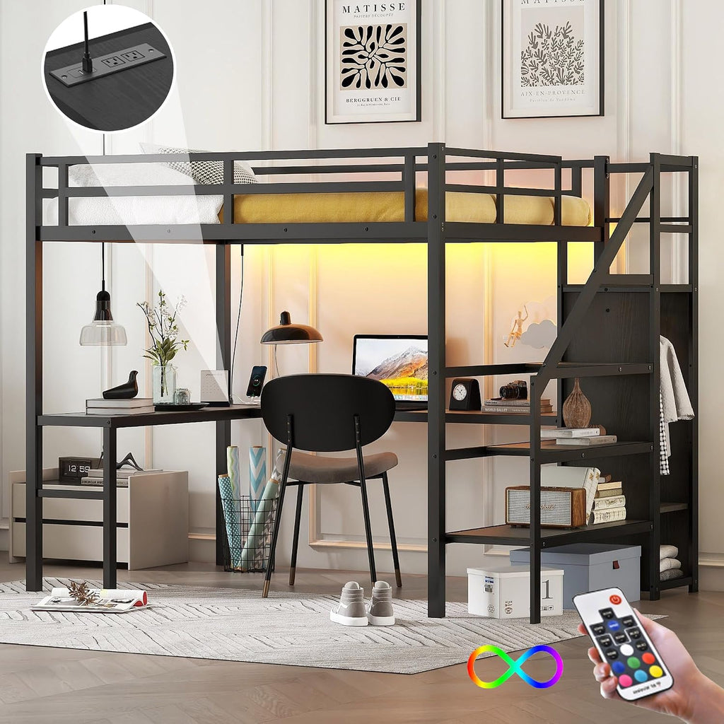 Bellemave Metal Full XL Loft Bed with Desk and Wardrobe,Heavy Duty Loft Bed Frame with Storage Stairs and LED Lights for Kids, Teens, Adults,Space Saving,Black