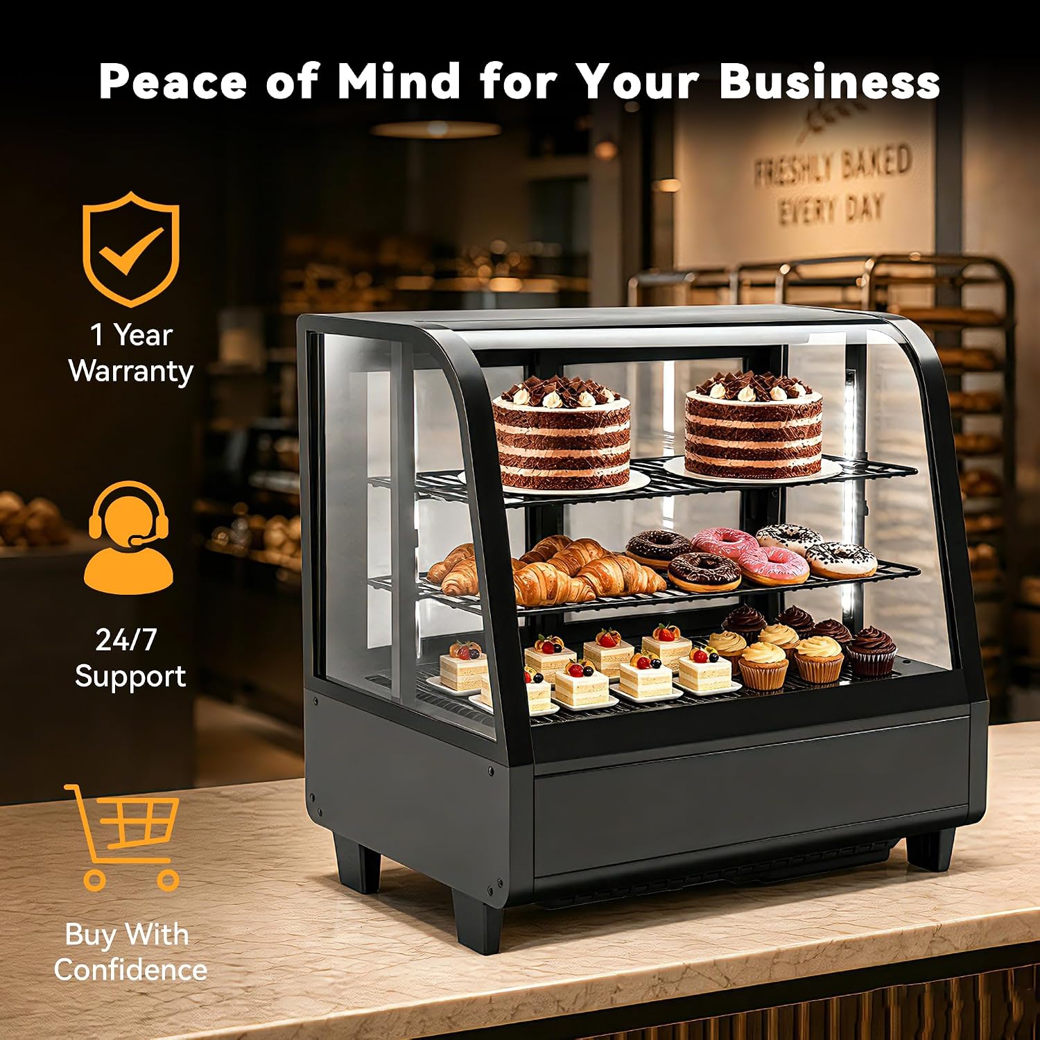Tylza Commercial Refrigerator Display Case, 3.5 Cu.Ft/100L Countertop Refrigerated Showcase, White LED Lighting, Double Glass Door, 36-54°F, Auto Defrost for Bakery, Cafe, Store