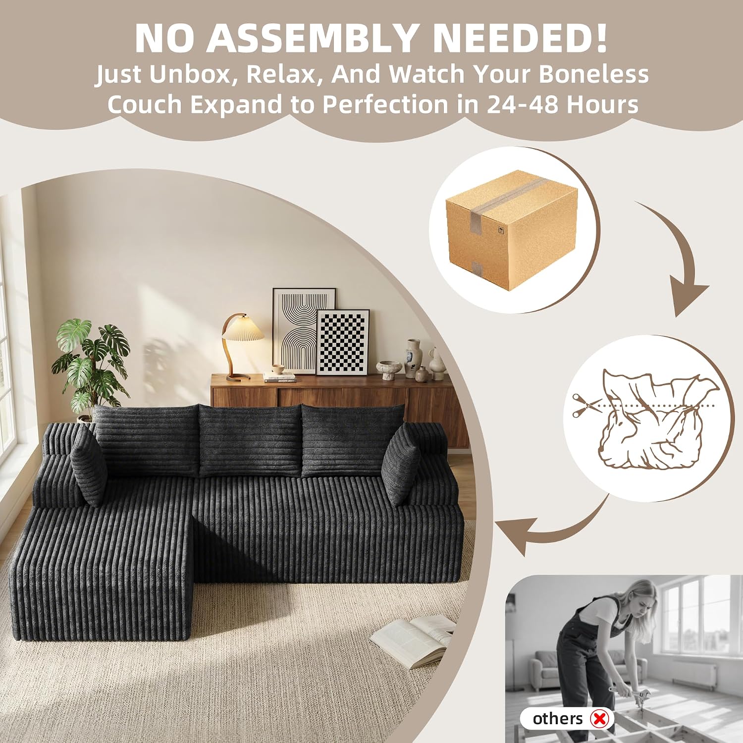 2026 New Boneless Couch, No Assembly Cloud Couch Sectional with Deep Seat & Chaise for Small Spaces, Upholstered Boneless Sectional Couch for Living Room, L Shaped Couch with Left Facing Chaise, Grey