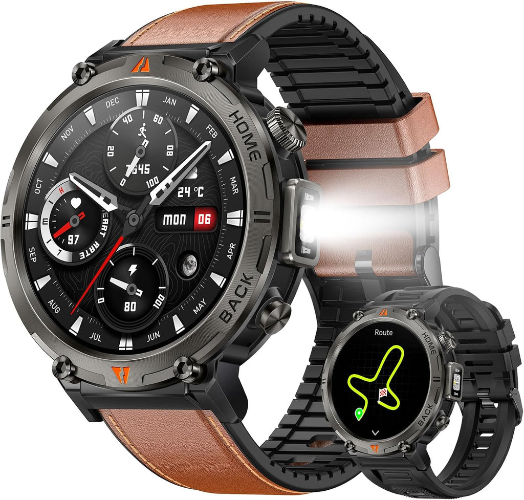 Military Smart Watches for Men Built-in GPS with LED Flashlight Compass, 3ATM Waterproof Rugged Tactical Smartwatch with Text and Call, 1.45' HD Fitness Tracker with HR SPO2 Monitor for iPhone Android