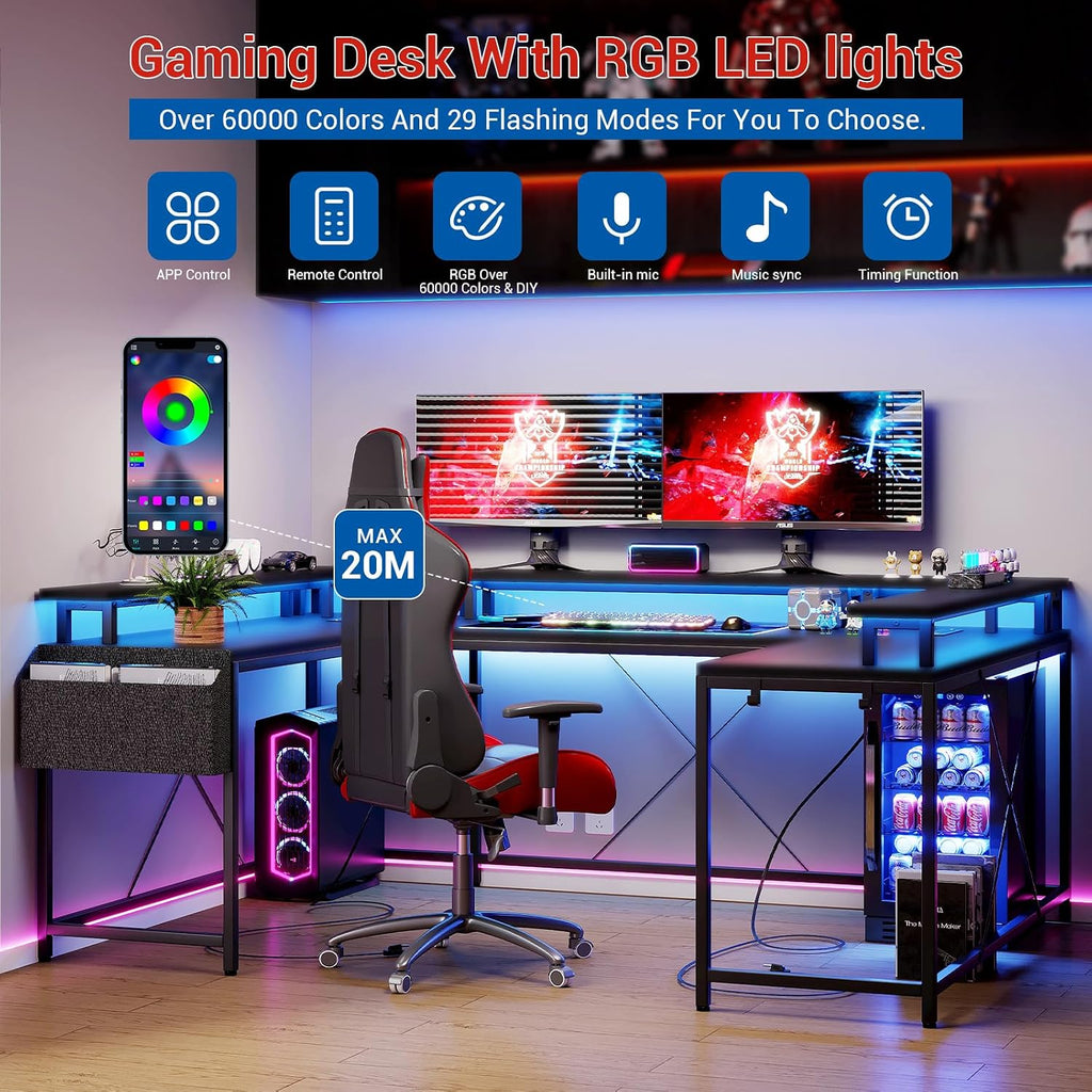 Patikuin U Shaped Desk with Power Outlets, USB Ports & RGB LED Lights, 79 Inch Large Corner Computer Desk with Monitor Stand, Reversible Gaming Desk for Home Office, Ergonomic Workstation (Black)