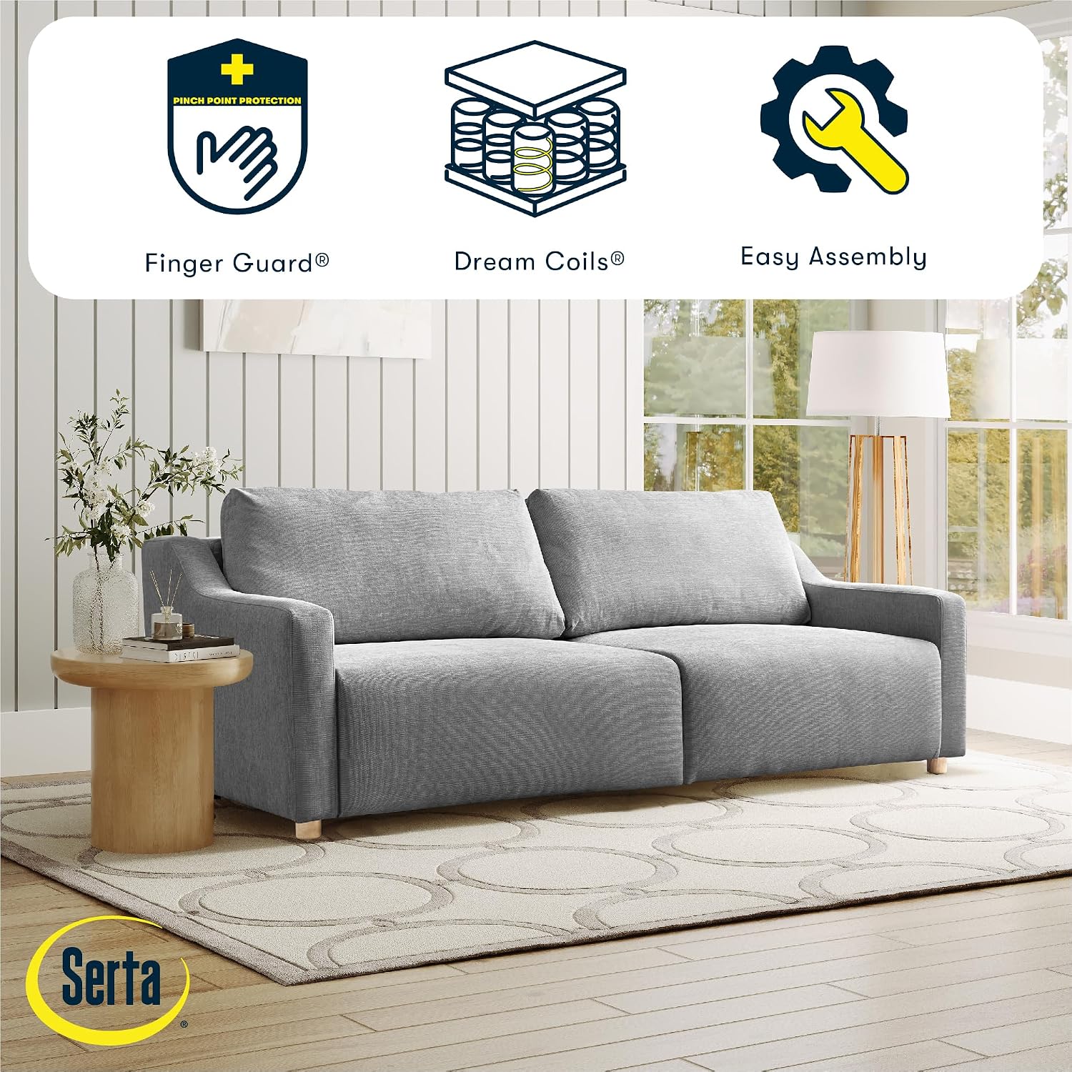 Serta Glendale 90.2' Queen Size Wall-Hugging Convertible Sofa, Dreamcoil Comfort, Chenille Fabric, Grey