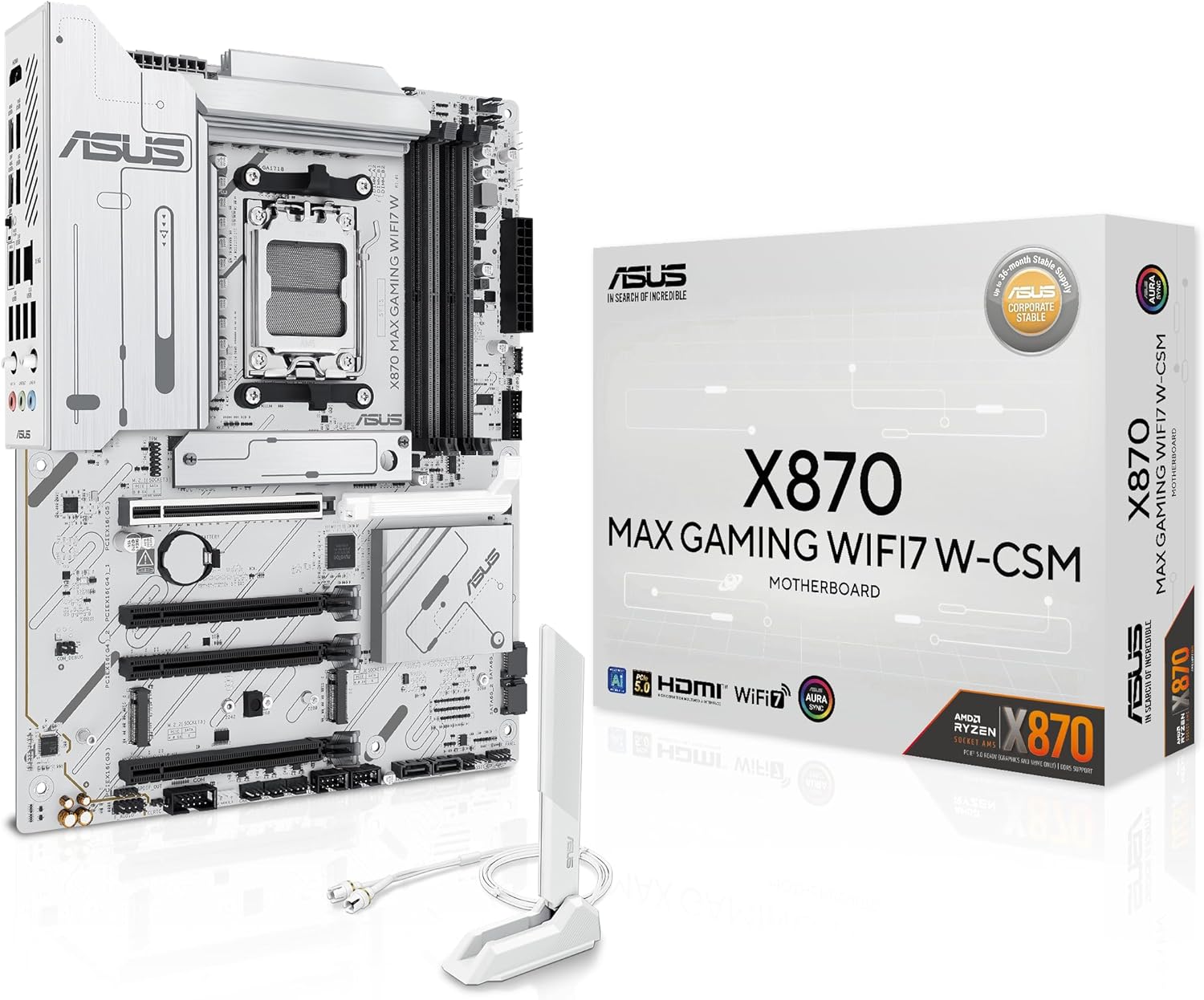 ASUS X870 MAX GAMING WIFI7 W AMD AM5 ATX Motherboard, 8-layer White PCB, 12+2+1 80A DrMOS, DDR5, PCIe 5.0 x16 Q-Release, 3x M.2, Wi-Fi 7 Q-Antenna, USB4® Type-C®, 2.5Gb LAN, BIOS FlashBack™, Aura Sync