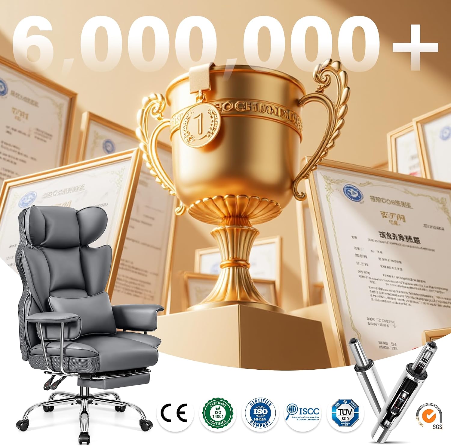 ALLGOD Office Chair Comfy, Big and Tall Executive Leather Chair, High Back Ergonomic Wide Chair with Footrest, Reclining Computer Desk Chair, Heavy Duty Gaming Chair with Padded Arm and Pillow, Grey