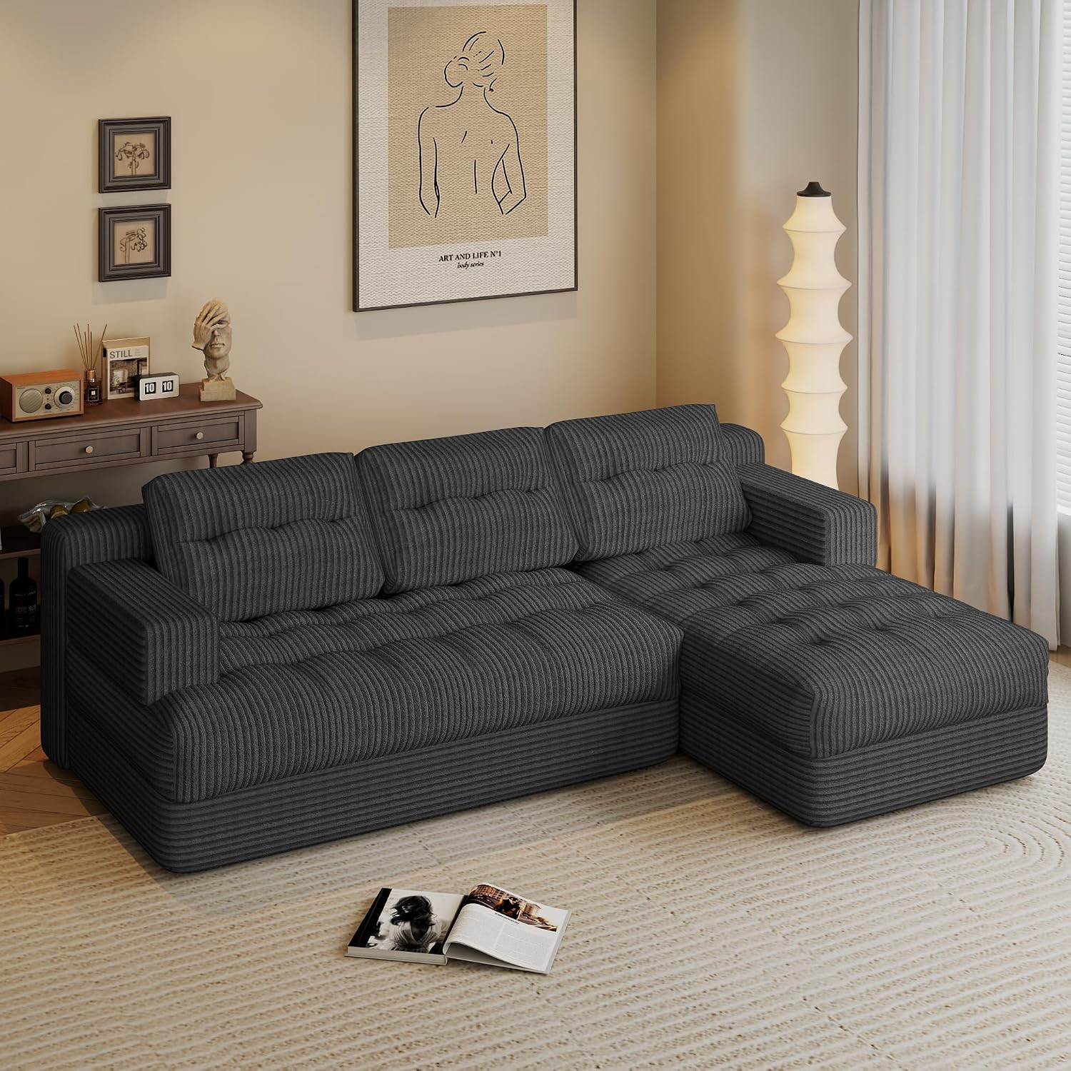 Boneless Couch, 2026 New Boneless Sectional Couch with Deep Seat & Chaise for Small Spaces, Upholstered Cloud Couch Sectional Boneless Couches for Living Room, No Assembly, Right Facing Chaise, Grey