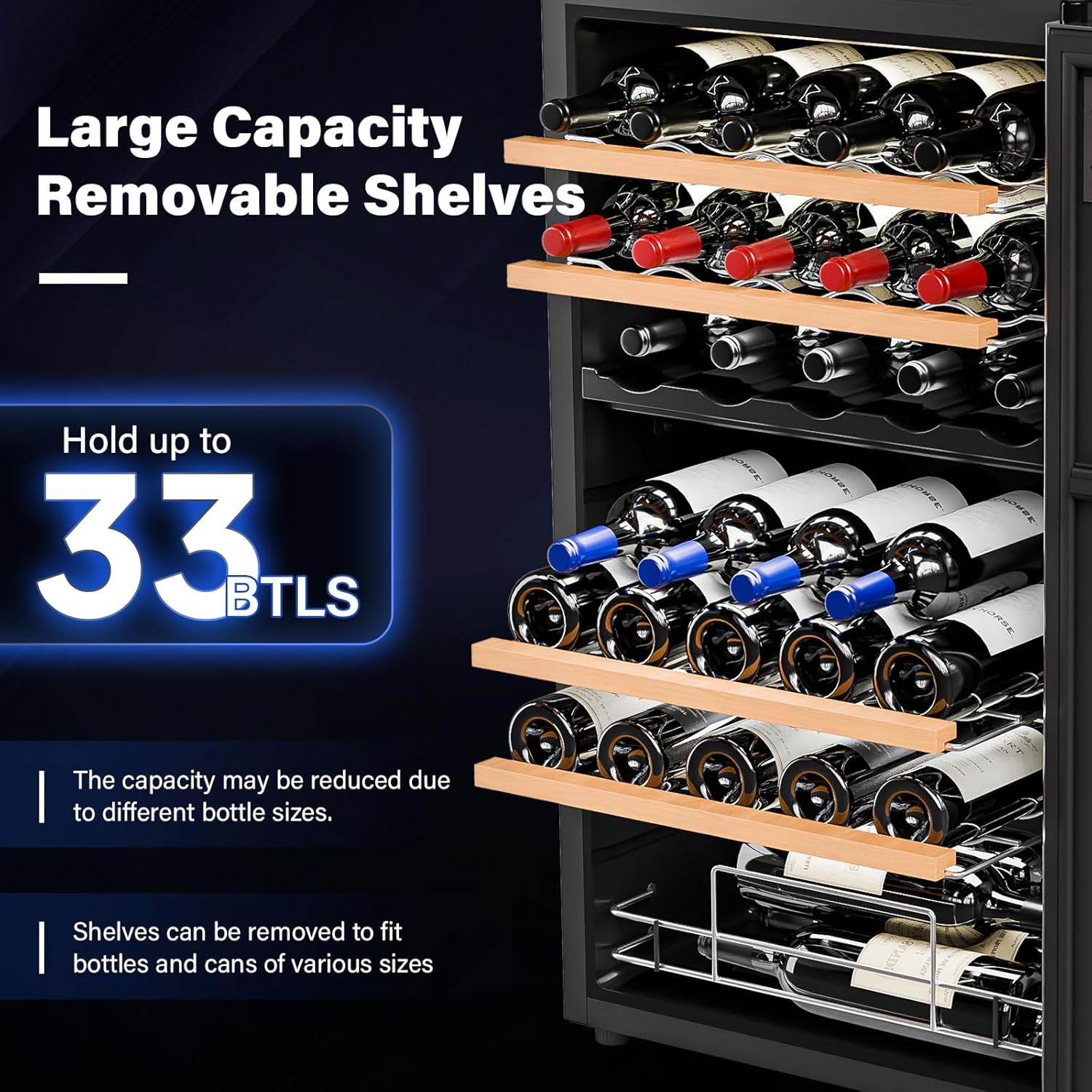 Bonnlo 33 Bottle Dual Zone Wine Cooler Refrigerator, 41°F-64°F Freestanding Compressor Wine Chiller, Beverage Wine Fridge with Digital Temp Control & Glass Door for Red White Wine, Champagne, Beer
