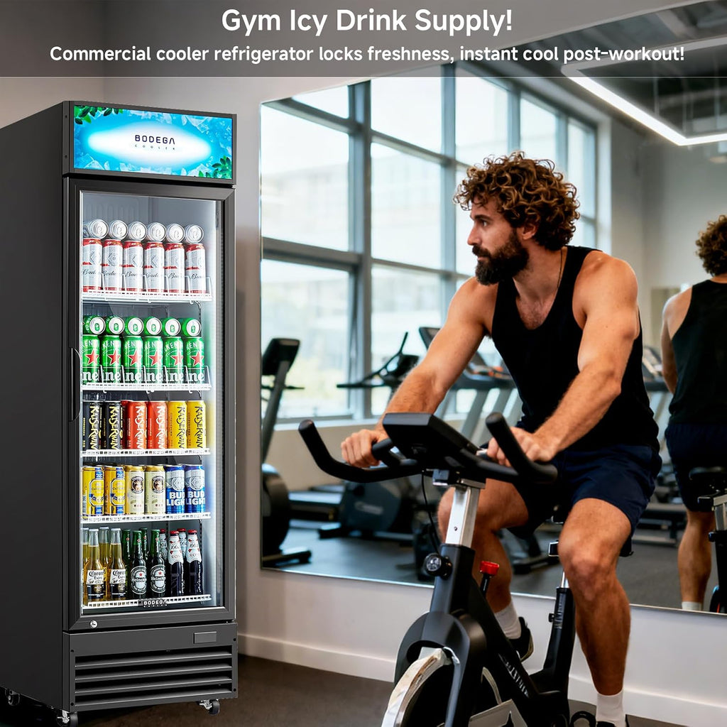 BODEGA COOLER 9 Cu. Ft Commercial Merchandiser Refrigerator with Glass Door & LED Light | Energy-Saving Beverage Display refrigerator, 32°F-50°F Temp, 4 Adjustable Shelves, Lock for Office/Bar/Kitchen