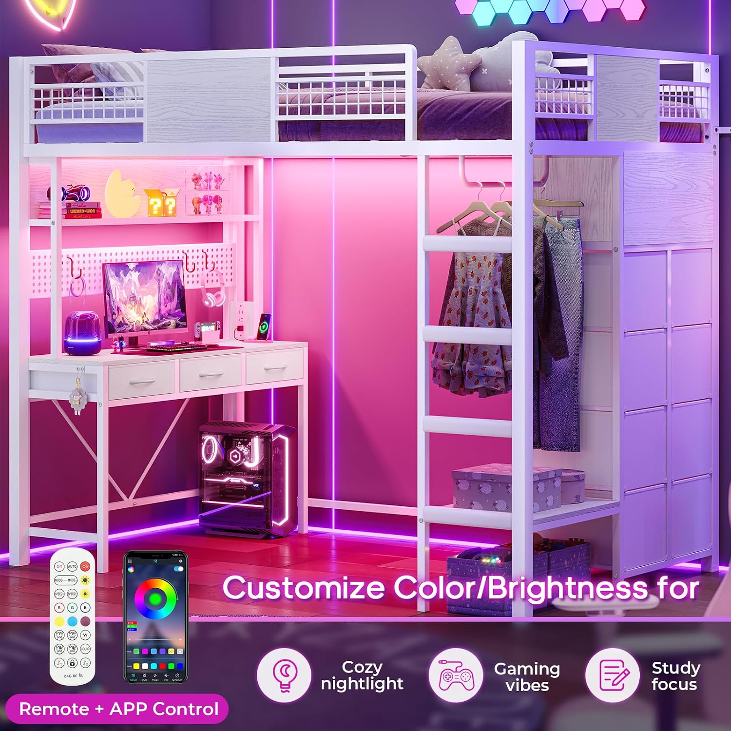ADORNEVE Twin Size Loft Bed with Desk, 11 Storage Drawers & RGB LED Lights, Metal Loft Bed with Power Outlet, Shelves & Clothing Rack, 13.4' H Safety Guard & Paded Ladder, White