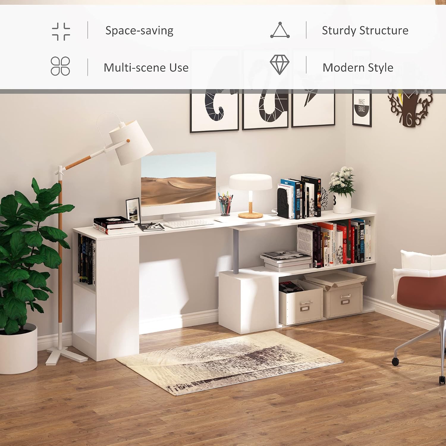 HOMCOM 55' 360° Rotating Corner Computer Desk Modern L-Shaped Home Office Workstation with 3-Tier Storage Shelves, Bookshelf, White