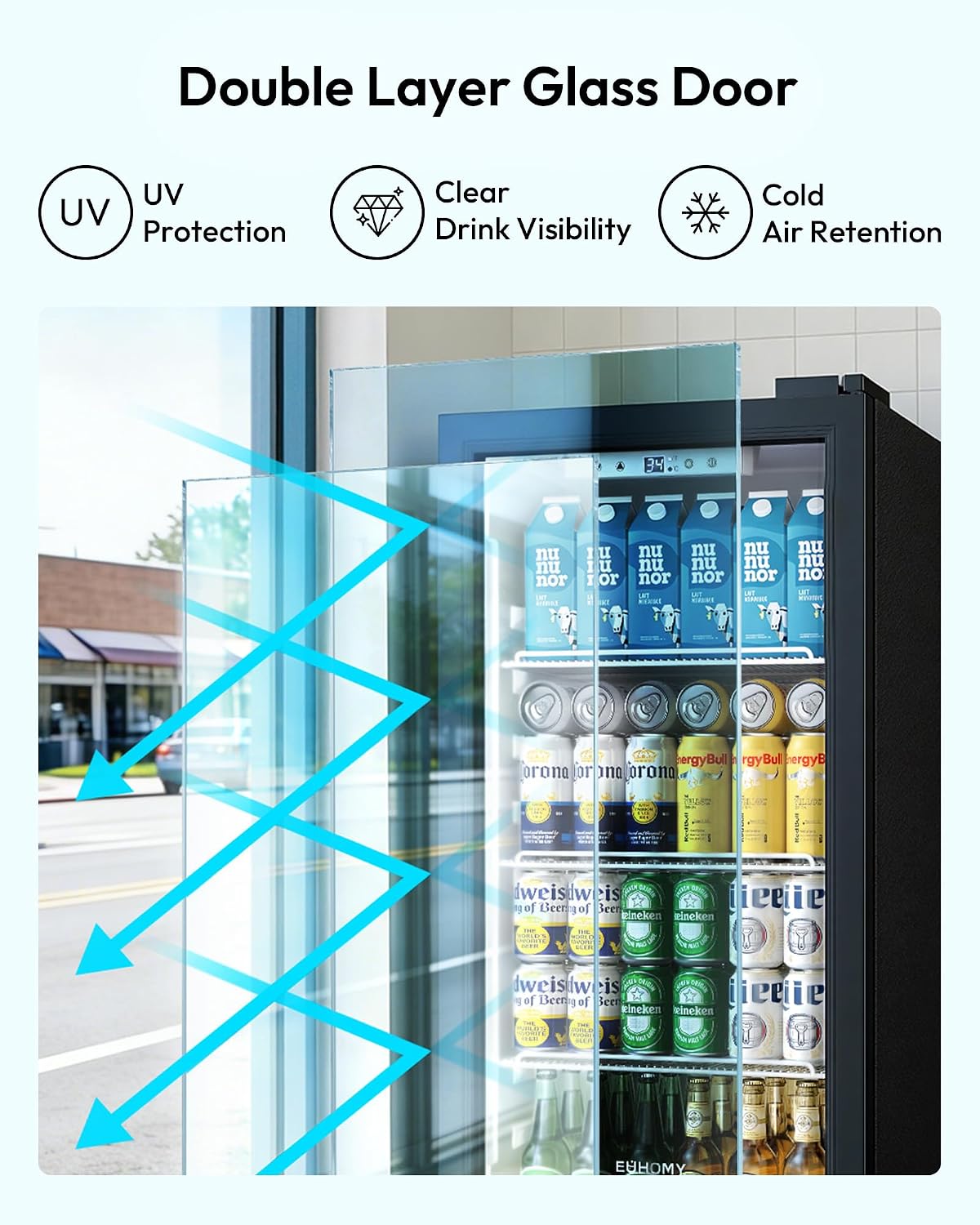 EUHOMY 6 Cu.Ft Commercial Refrigerators with Double-Tempered Glass Door, Beverage Refrigerator with Lock and Adjustable Shelves, Display Fridge with LED Light for Bar, Office, Restaurant, ETL Listed