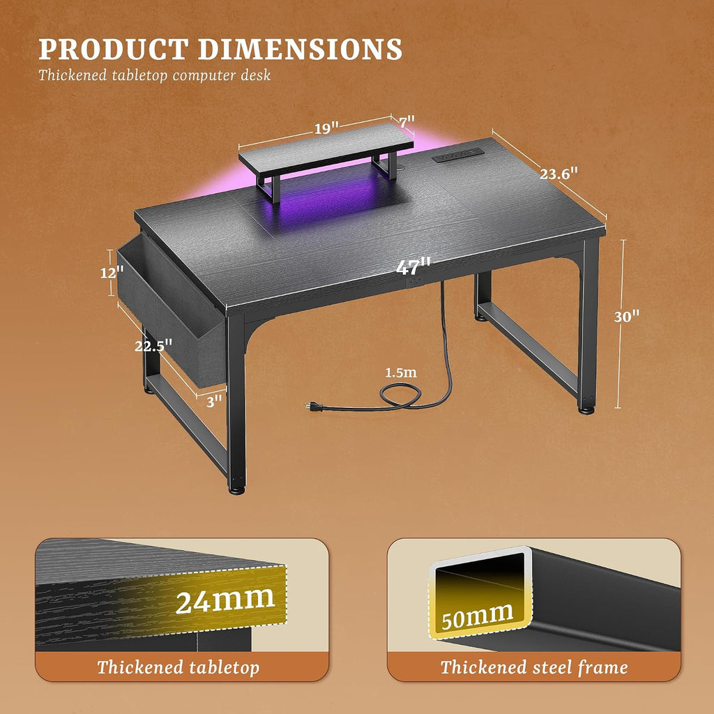 DurayLoly Gaming Desk with Power Outlets & LED Light, Computer Desk with Monitor Stand & 0.95inch Thicker Desktop & Storage Bag, Writing Desk for Home Office, Study, Bedroom, Black