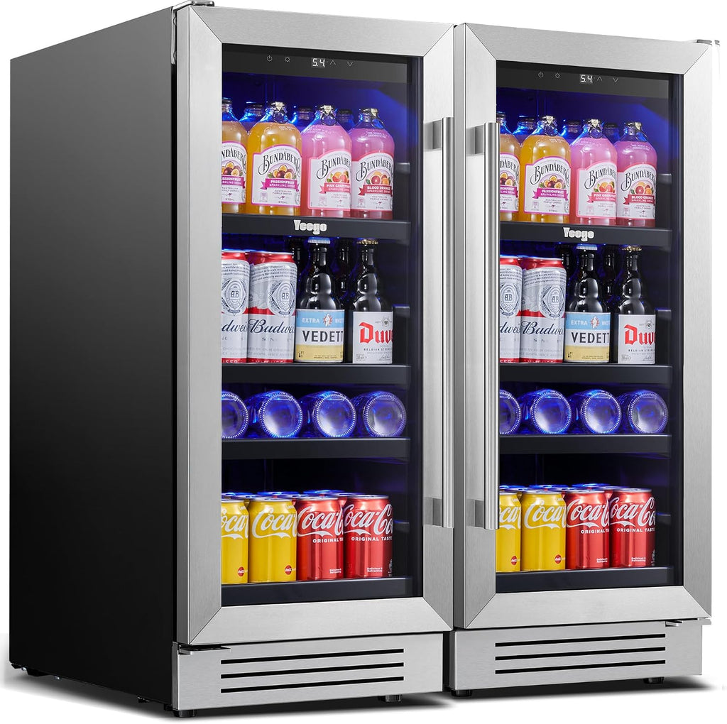 Yeego 15-Inch Built-In Beverage Refrigerator (2 Pack) – Slim Beverage Cooler with Left-Hinged Glass Door, Auto Defrost Drink Fridge for Beer, Soda & Wine, Built-In or Freestanding