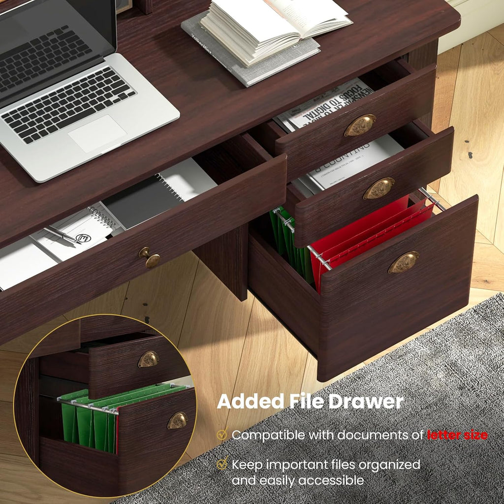 Tangkula Computer Desk with 4 Storage Drawers & Hutch, Home Office Desk Vintage Desk with Storage Shelves, Wooden Executive Desk Writing Study Desk (Brown)