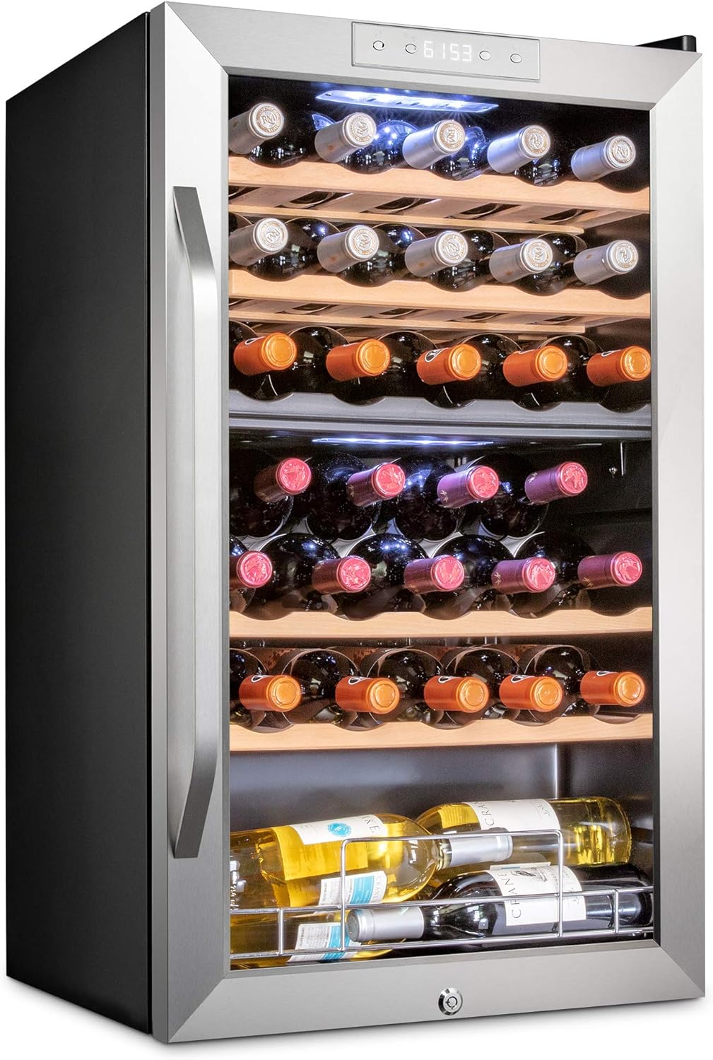 Ivation 33 Bottle Dual Zone Wine Cooler Refrigerator w/Lock | Large Freestanding Wine Cellar For Red, White, Champagne & Sparkling Wine | 41f-64f Digital Temperature Control Fridge Stainless Steel
