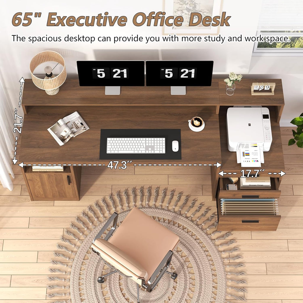 YOMILUVE Computer Desk with 3 Drawers & Storage Shelves, 65 Inch Home Office Desk with File Drawer & Cabinet, Writing Study Desks with Monitor Stand & Printer Shelf, Executive Desk, Brown