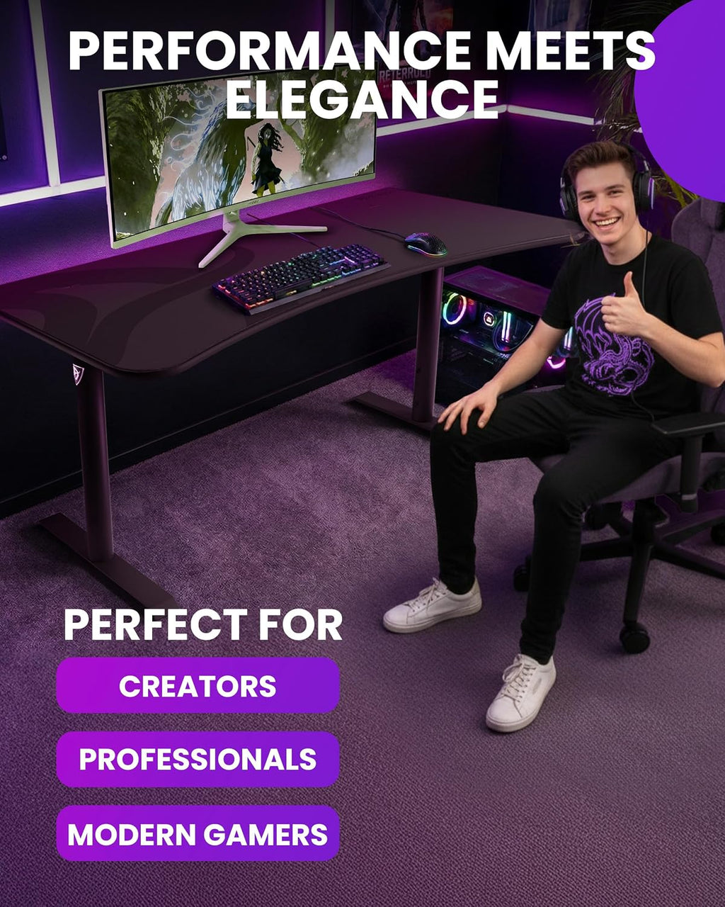Arozzi Arena Ultrawide Curved Gaming and Office Desk with Full Surface Water Resistant Desk Mat with 3 Custom Monitor Mount Cut Outs and Under The Desk Cable Management Netting - Gunmetal