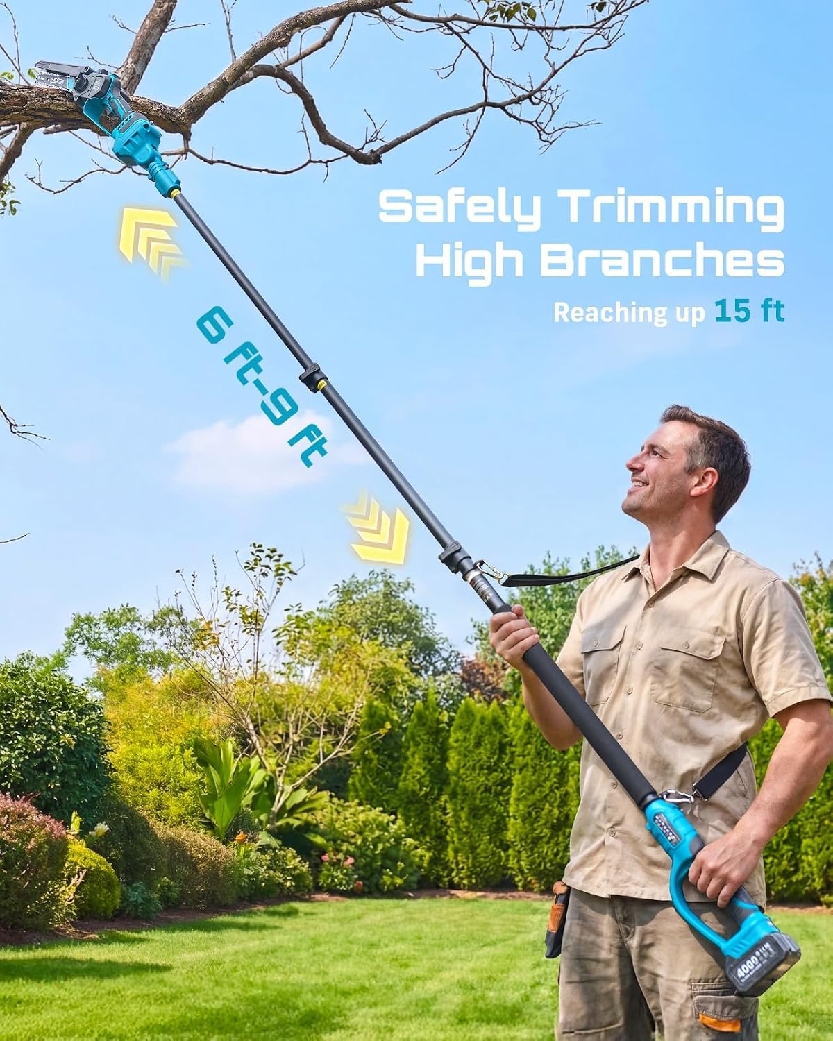 SEESII 4-in-1 Pole Saw & Pruning Shears Combo Kit, 6 Inch Mini Chainsaw for Tree Trimming, Battery Powered Chain Saw with Extension Pole, Limb Branch Cutter Pruner with 2 x 4000mAh Batteries
