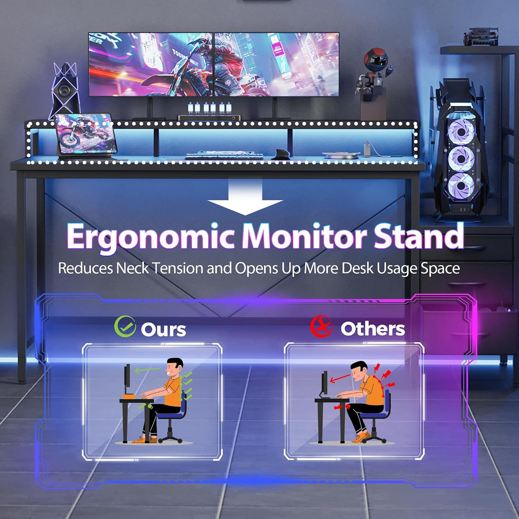 Mericonia Gaming Desk with Power Outlets & LED Lights, Reversible Computer Desk with PC Case Stand, Fabric Drawers, Modern Office Desk with Shelves, Monitor Stand