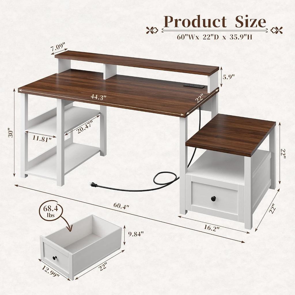 EnHomee 60.4' Computer Desk with Drawer & Power Outlet, Gaming Desk with LED Light, Farmhouse Desk Study Desk with Monitor Stand, Home Office Desk, Work Desk for Bedroom, Study Room, White