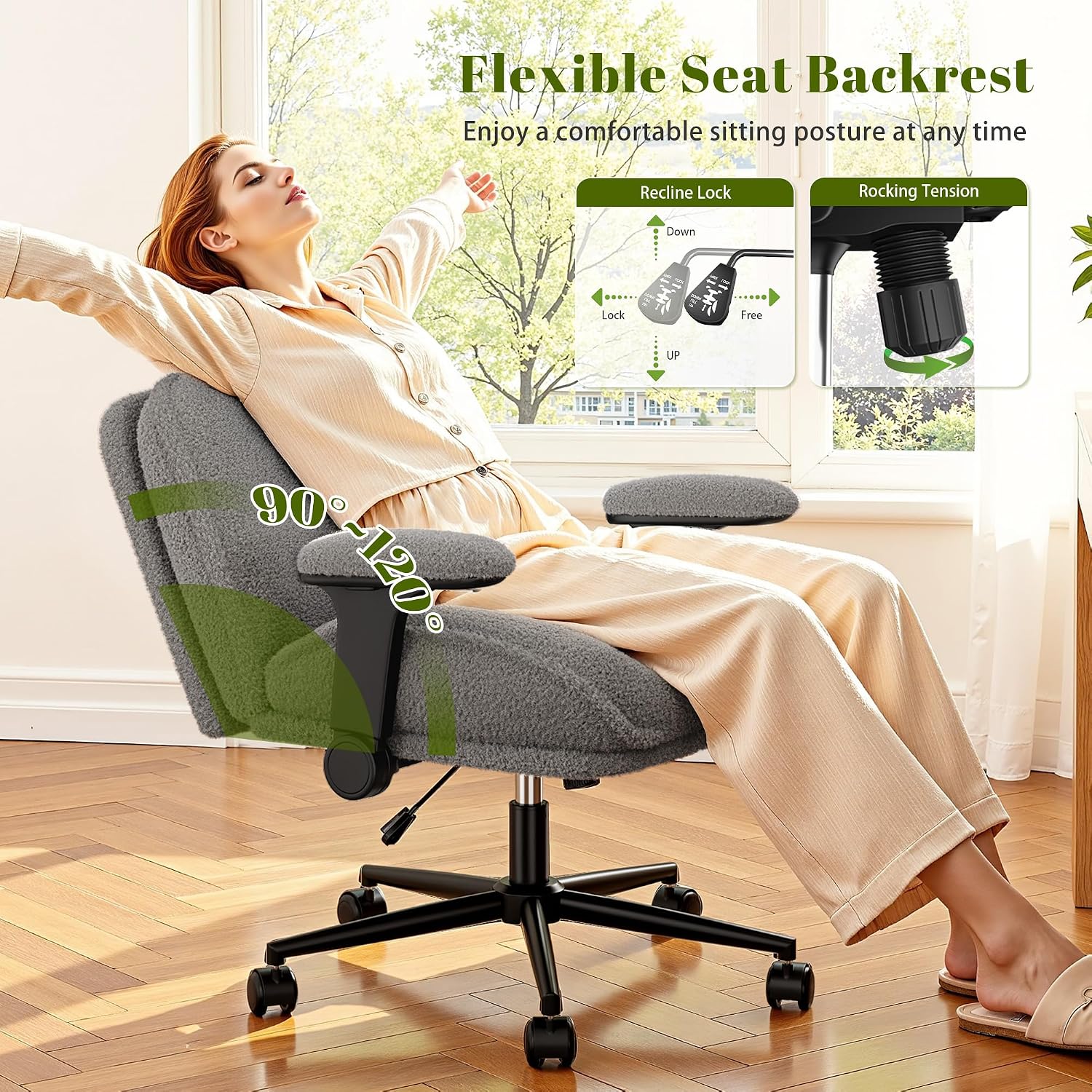 DurayLoly Criss Cross Chair with Wheels,Flip Up Arms,Wide Seat,Teddy Fleece,Adjustable Height,Cross Legged Desk Chair for Bedroom,Dorm,Home Office,Grey