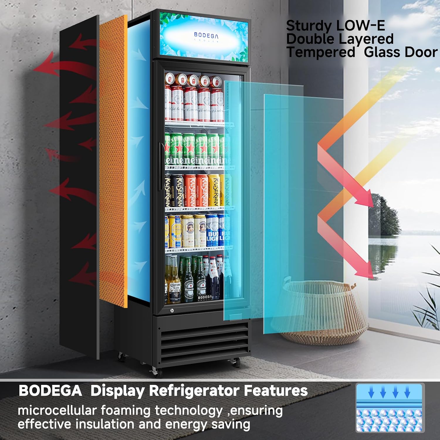BODEGA BODEGACOOLER 9 Cu. Ft Commercial Merchandiser Refrigerator, Black Large Commercial Refrigerator With Glass Door, LED Light/Door Lock,Upright Display Refrigerator For kitchen/Garage/Office.