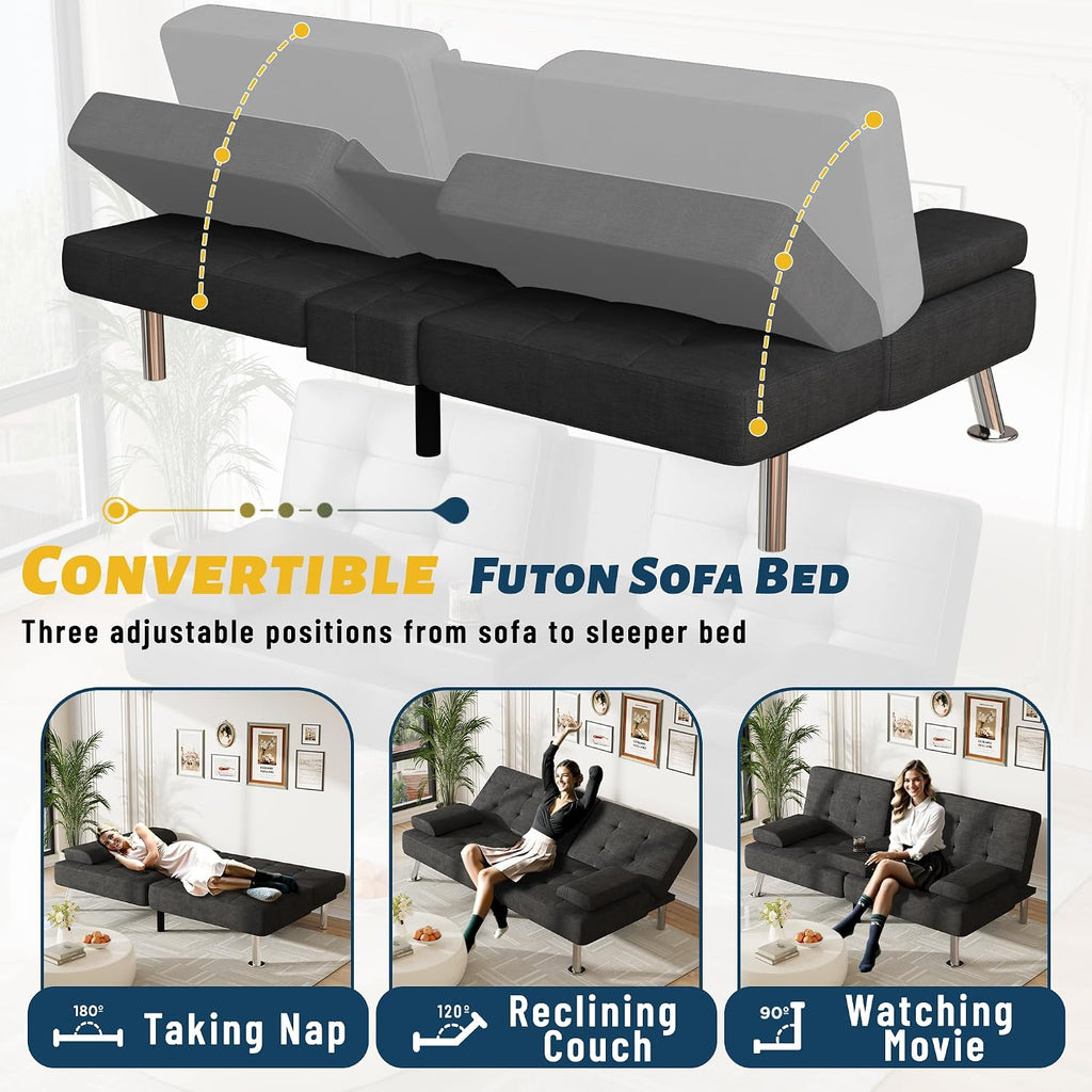 Furmax Futon Sofa Bed Adjustable Futon Couch Sleeper Sofa Bed for Living Room, Business Office, Recliner Sofas with Cup Holders (Fabric, Black)