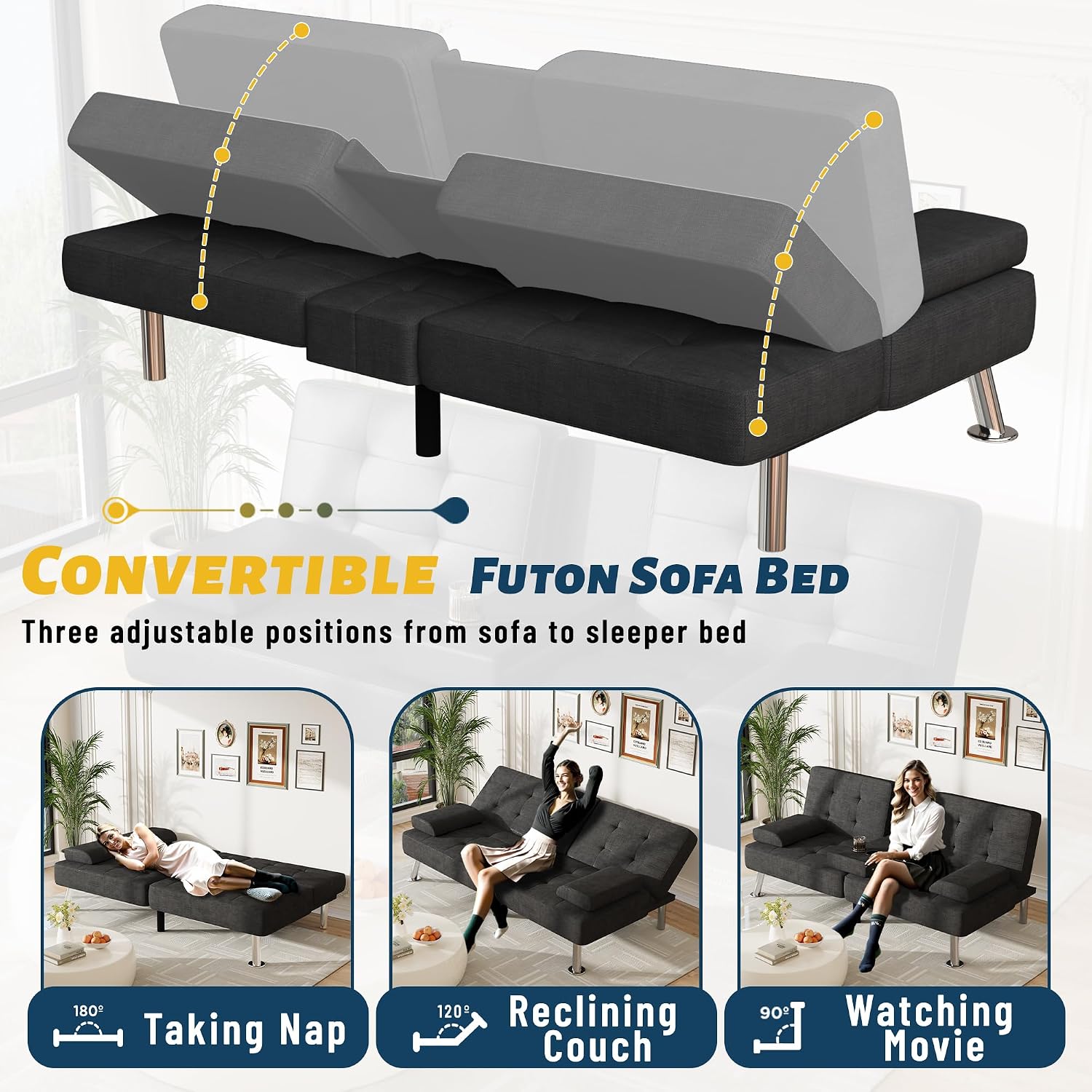 Furmax Futon Sofa Bed Adjustable Futon Couch Sleeper Sofa Bed for Living Room, Business Office, Recliner Sofas with Cup Holders (Fabric, Black)