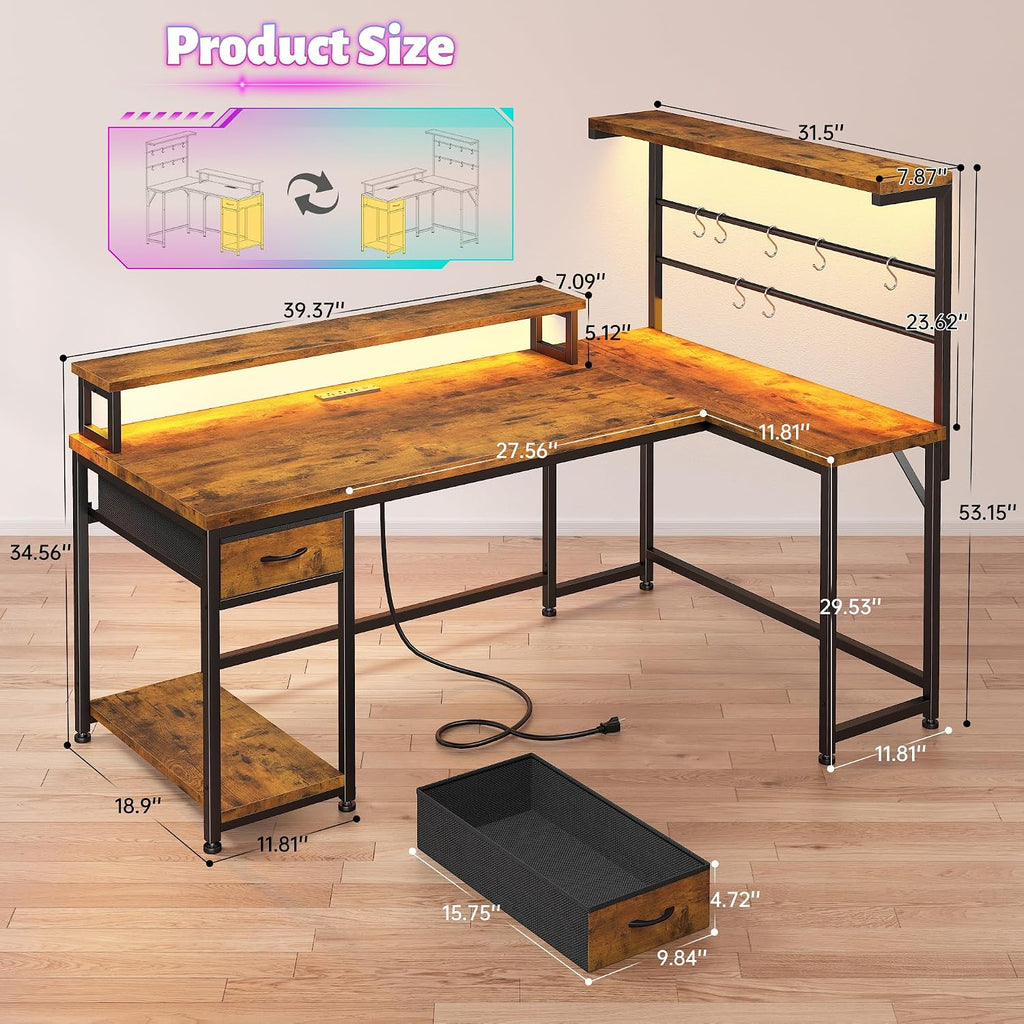 EnHomee 53 inch L Shaped Desk with Shelf & Drawer,Reversible Corner Computer Desk with LED Lights & Power Outlets, Gaming Desk Home Office with Monitor Stand, Rustic Brown