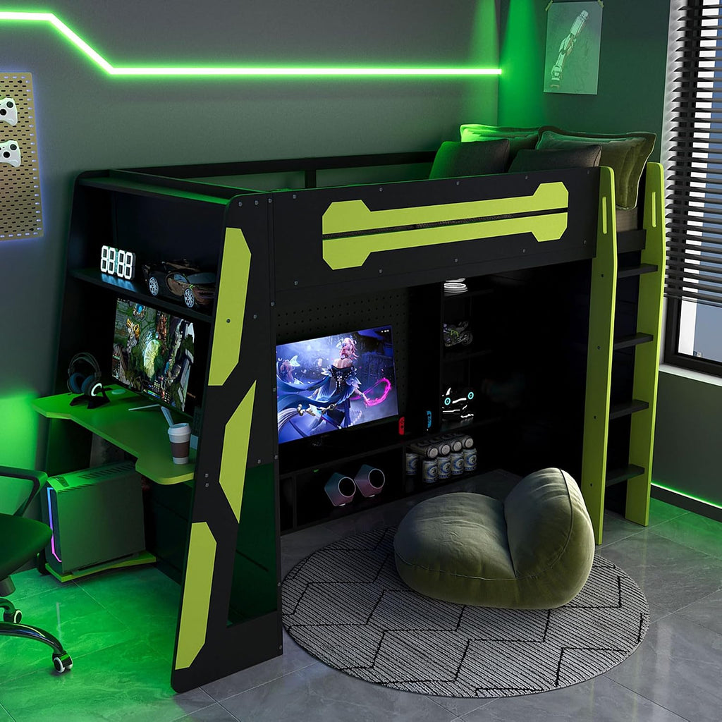 LUMISOL Twin Size Gaming Loft Bed with Desk, RGB LED Lights & Charging Stations, Wood Loft Bed Frame with Storage Bookshelves for Kids, Teens & Adults, Green + Black