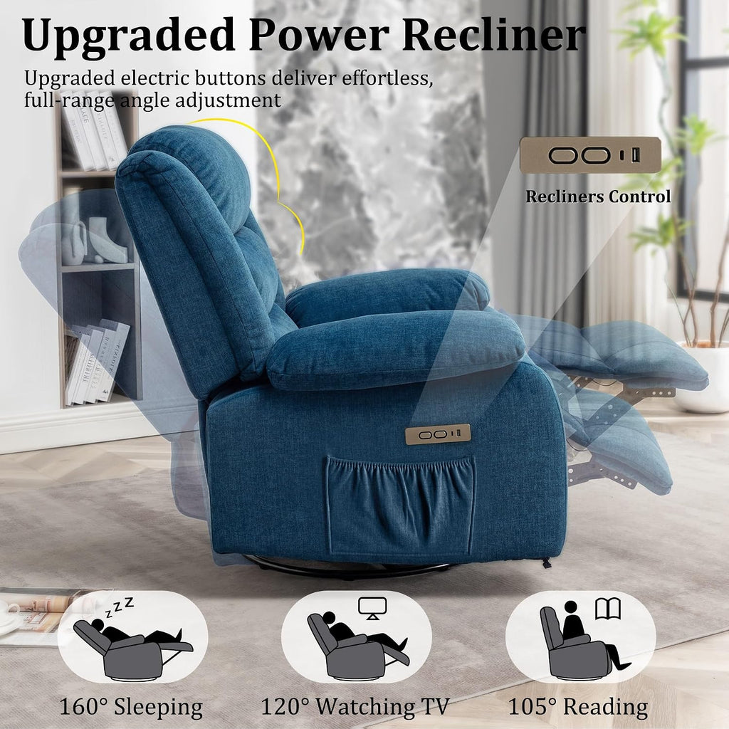 Korser Power Recliner Chair, Electric Rocker Recliner with Massage and Heat, 270° Swivel Glider, Oversized Wide Seat with USB Port, Cashmere Nursery Chair for Living Room, Blue