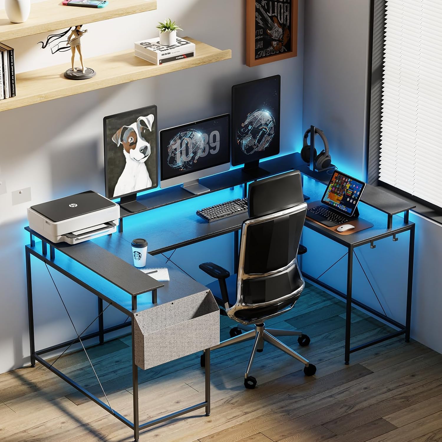 78' U-Shaped Gaming Desk - Reversible L-Shaped Computer Desk with Power Outlets, USB Ports & LED Strip, Corner Office Desk with Storage Shelves & Monitor Stand - Black.