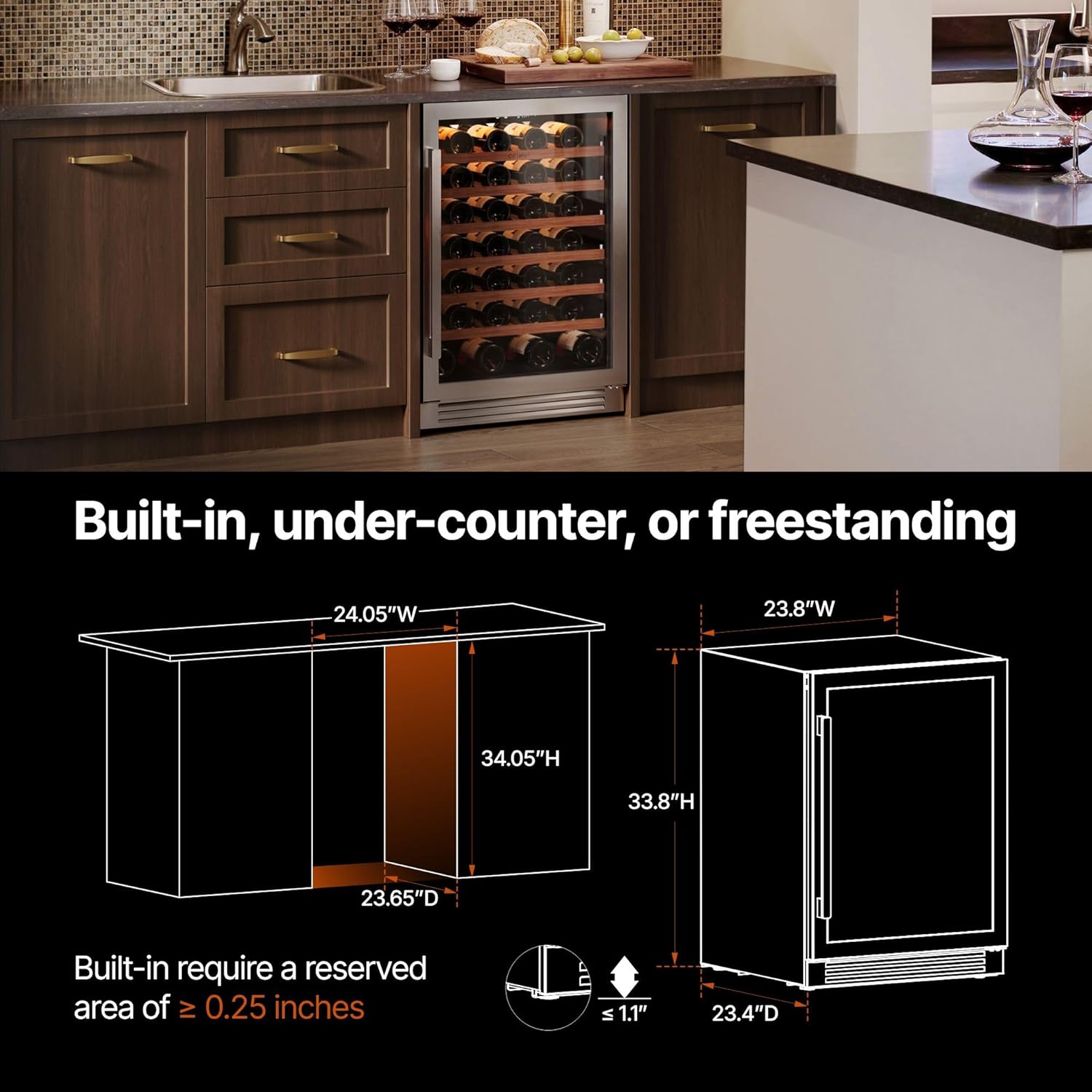 Ca'Lefort 24 Inch Wine Fridge, 61 Bottles 40-65°F Wine Cooler, Adjustable Shelves & 3 LED Light, Wine Refrigerator with Glass Door, Built-in Under Counter Freestanding for Home/Kitchen/Bar