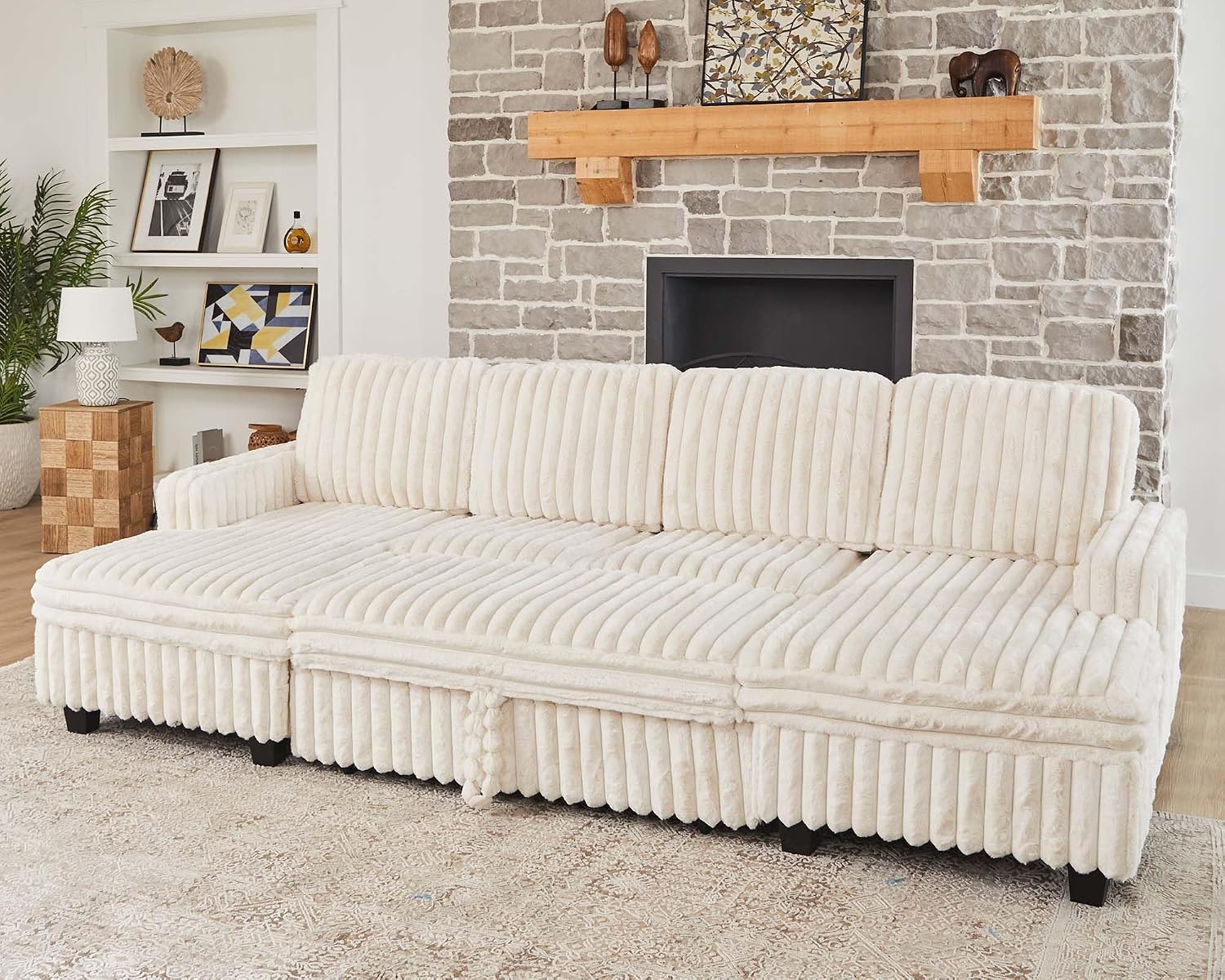 Belffin Modular Sectional Sleeper Sofa with Pull Out Couch Bed Corduroy Double Chaise with Storage Beige Couch