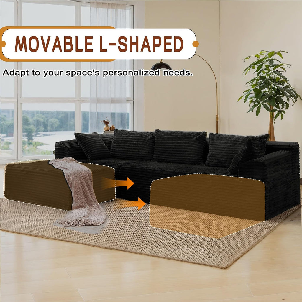 Korser 110' L-Shaped Modular Sectional Sofa with Chaise, Boneless Comfy Corduroy Fluffy Couch with Deep Seat and Side Pockets, Flexible Module Combination for Living Room, No Assembly, Side Pockets
