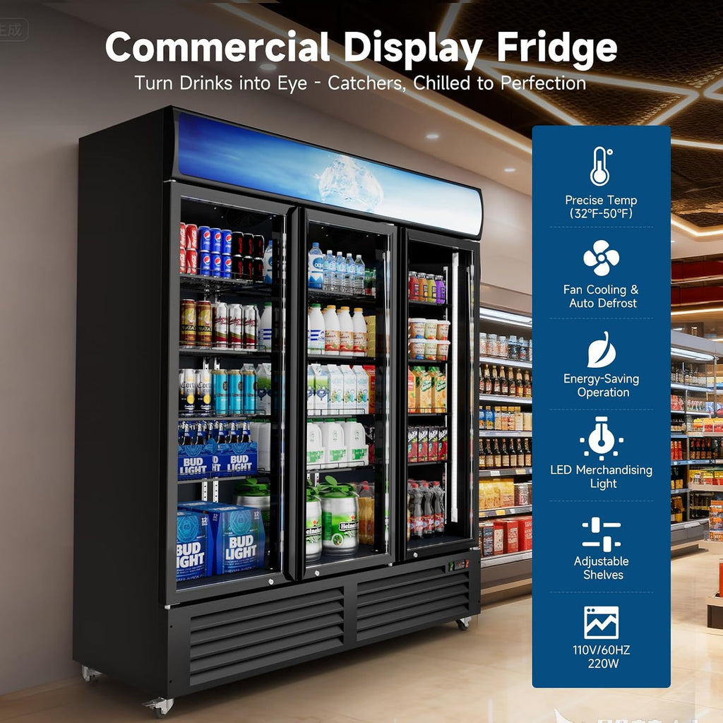 Commercial Beverage Refrigerator 56 Cu Ft, Commercial Display Fridge with Glass Door, Upright Merchandiser Refrigerator Cooler with Front LED Light for Stores, Restaurant, Office