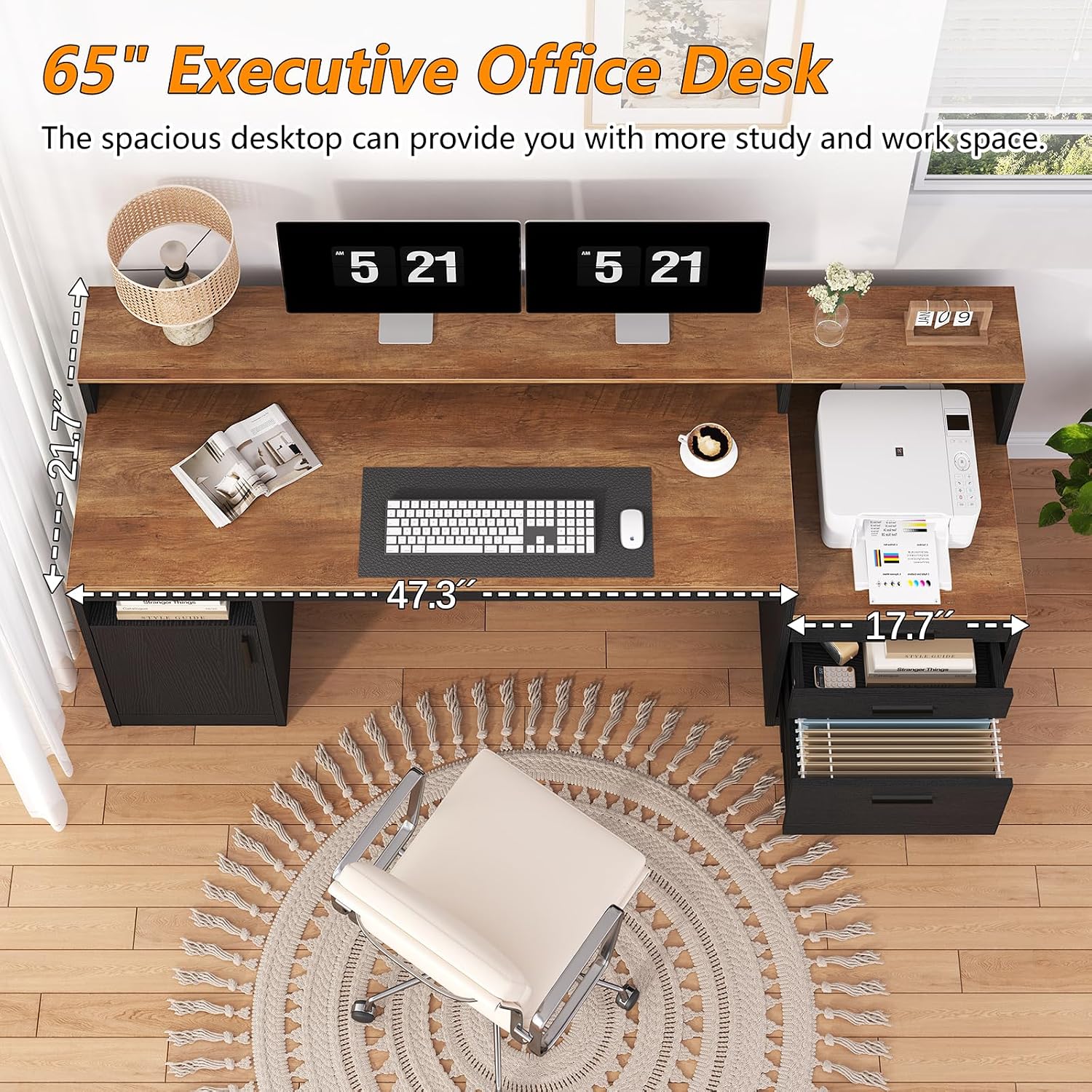 YOMILUVE Computer Desk with 3 Drawers & Storage Shelves, 65 Inch Home Office Desk with File Drawer & Cabinet, Writing Study Desks with Monitor Stand & Printer Shelf, Executive Desk, Brown and Black
