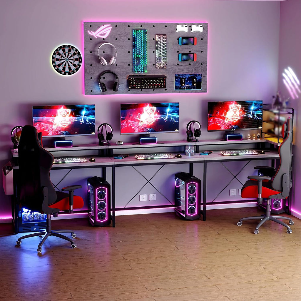Patikuin U Shaped Desk with Power Outlets, USB Ports & RGB LED Lights, 79 Inch Large Corner Computer Desk with Monitor Stand, Reversible Gaming Desk for Home Office, Ergonomic Workstation (Oak)