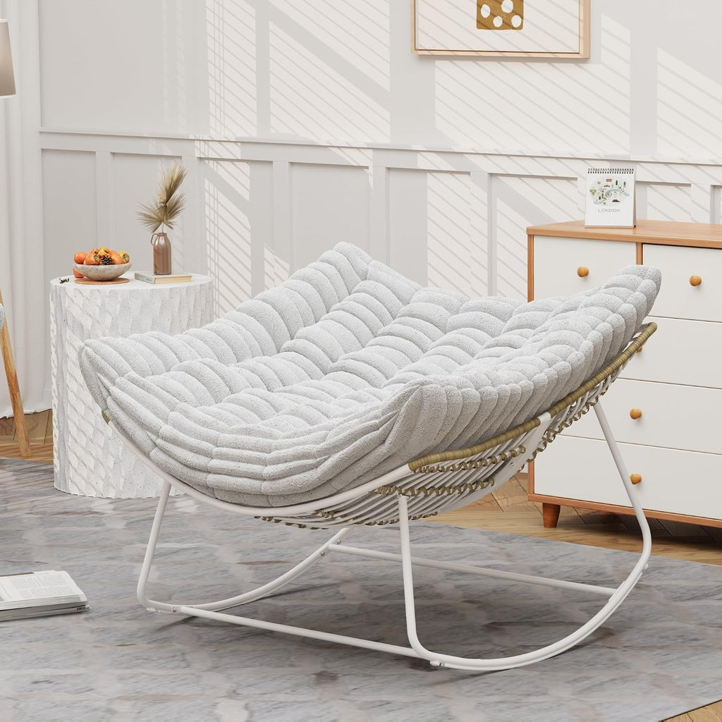 Papasan Rocking Chair, Rattan Rocking Chair, Oversized Outdoor Chair with Deep Seat Thick Cushion, Patio Rocking Chair for Bedroom/Porch/Garden (Light Grey & White)