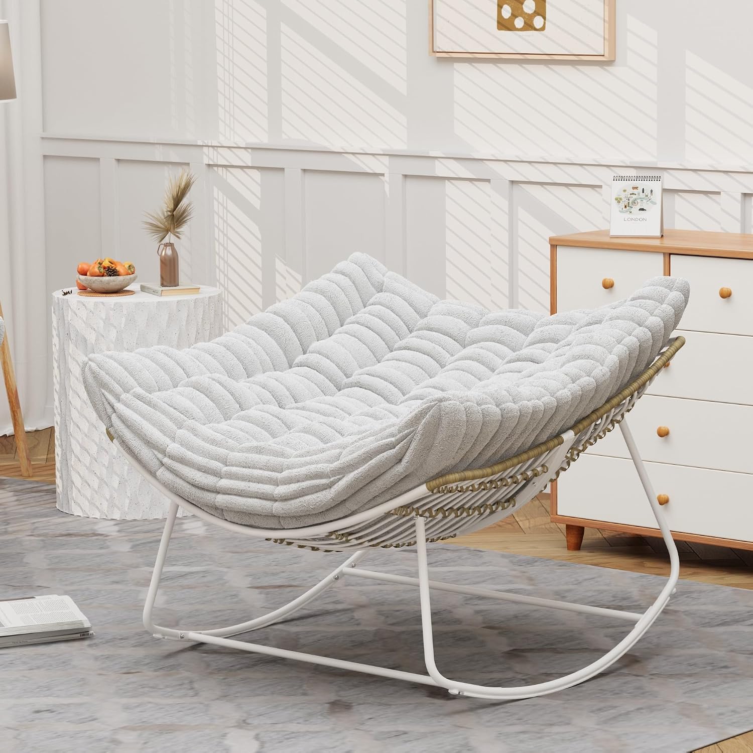 Papasan Rocking Chair, Rattan Rocking Chair, Oversized Outdoor Chair with Deep Seat Thick Cushion, Patio Rocking Chair for Bedroom/Porch/Garden (Light Grey & White)