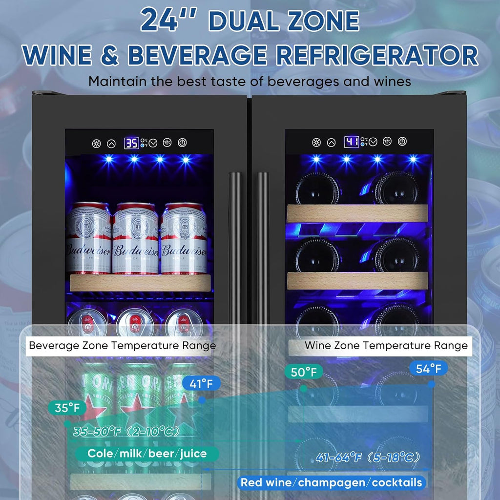Wine and Beverage Refrigerator 24', Upgraded Dual Zone Wine Beverage Cooler with Glass Door and French Door, Large Capacity Beer Fridge Holds 21 Bottles & 88 Cans, Built-In or Freestanding - Black