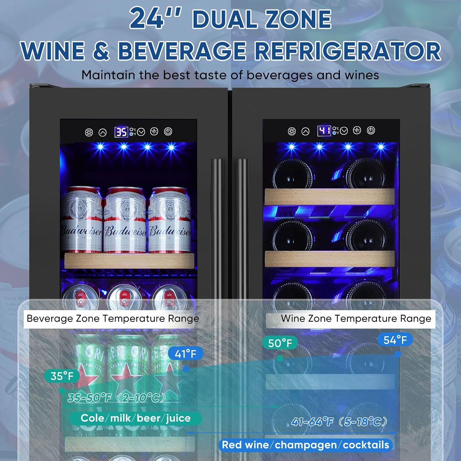 Wine and Beverage Refrigerator 24', Upgraded Dual Zone Wine Beverage Cooler with Glass Door and French Door, Large Capacity Beer Fridge Holds 21 Bottles & 88 Cans, Built-In or Freestanding - Black