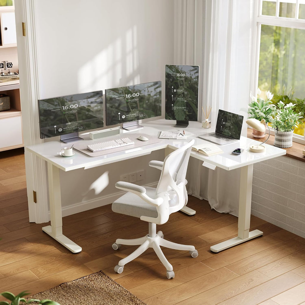 INNOVAR L Shaped Glass Standing Desk Adjustable Height, Dual Motor Electric Corner Standing Desk with Drawers, 63x55 inch Sit Stand up Desk with Splice Board for Home Office, White