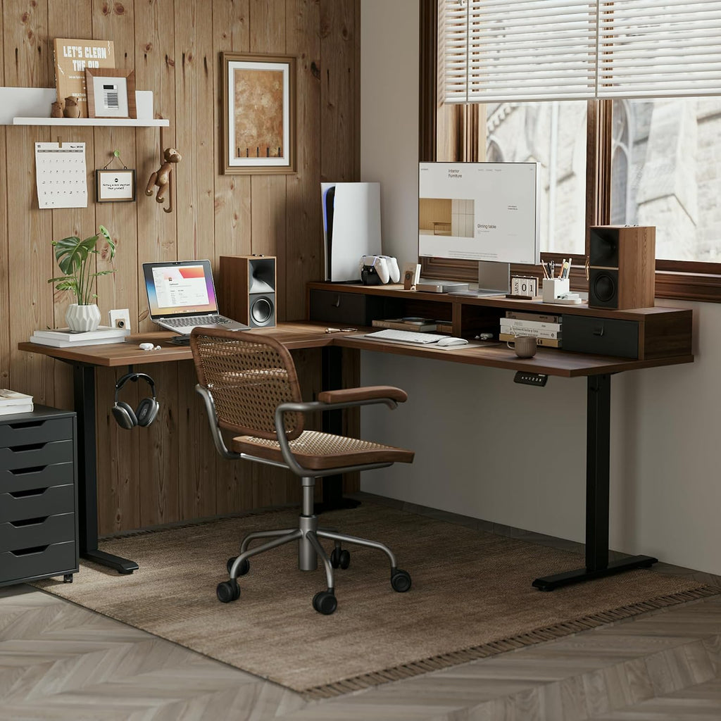 Agilestic 63 x 55 INCH L Shaped Electric Standing Desk with 2 Drawers, Ergonomic Adjustable Height Desk with Storage, Corner Desk Sit Stand up Computer Table for Work Office Home, Dark Wlalnut