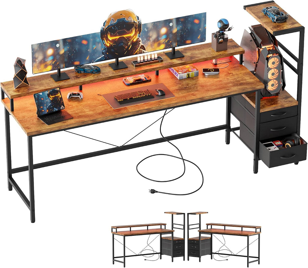 Mericonia Gaming Desk with Power Outlets & LED Lights, Reversible Computer Desk with PC Case Stand, Fabric Drawers, Modern Office Desk with Shelves, Monitor Stand