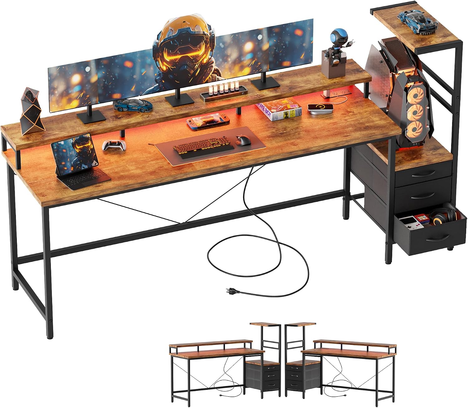 Mericonia Gaming Desk with Power Outlets & LED Lights, Reversible Computer Desk with PC Case Stand, Fabric Drawers, Modern Office Desk with Shelves, Monitor Stand