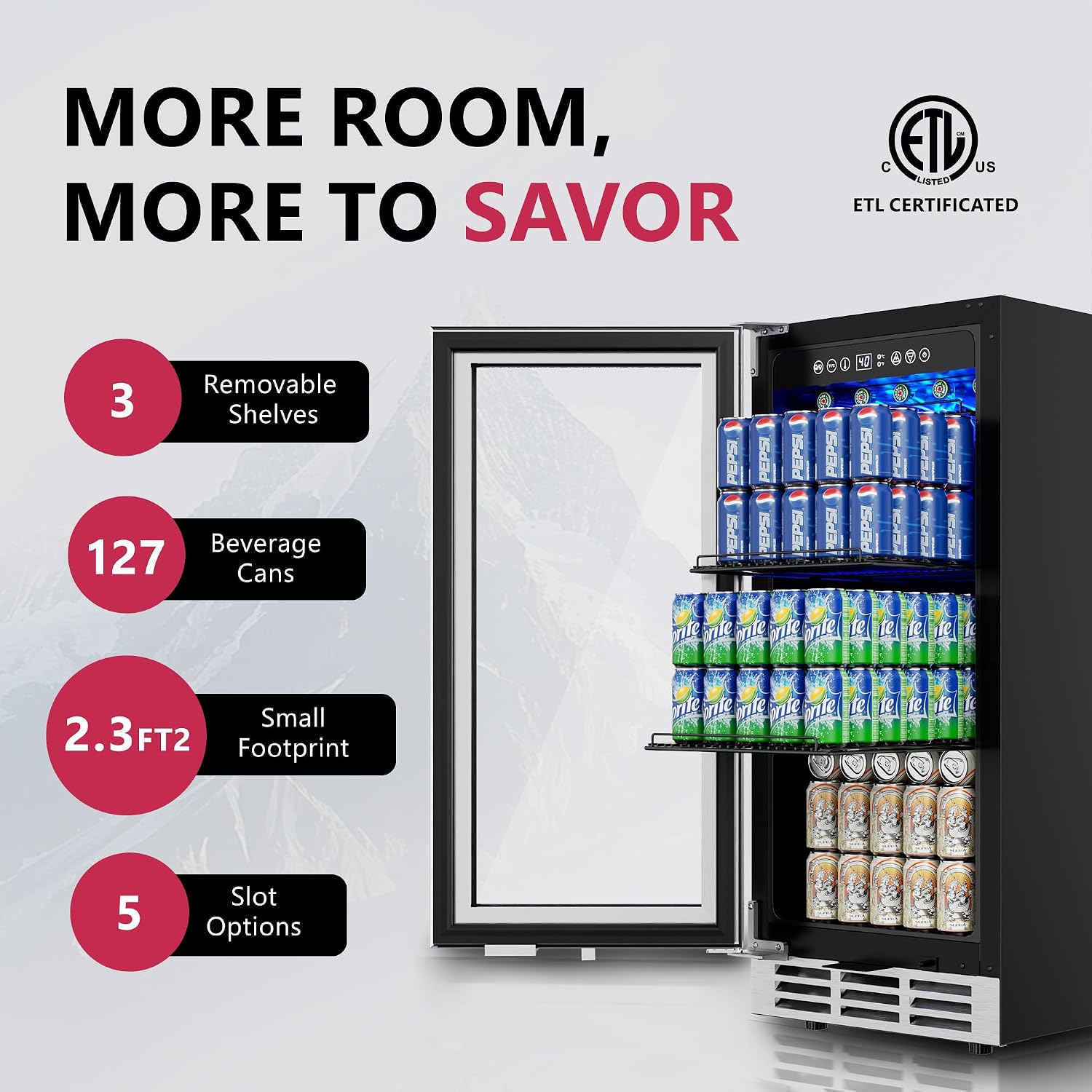 Icyglee 15'' Beverage Refrigerator Cooler - 126 Cans Under Counter Beverage Fridge with LED Light, Built-in Design, Wine Cooler for Home/Kitchen
