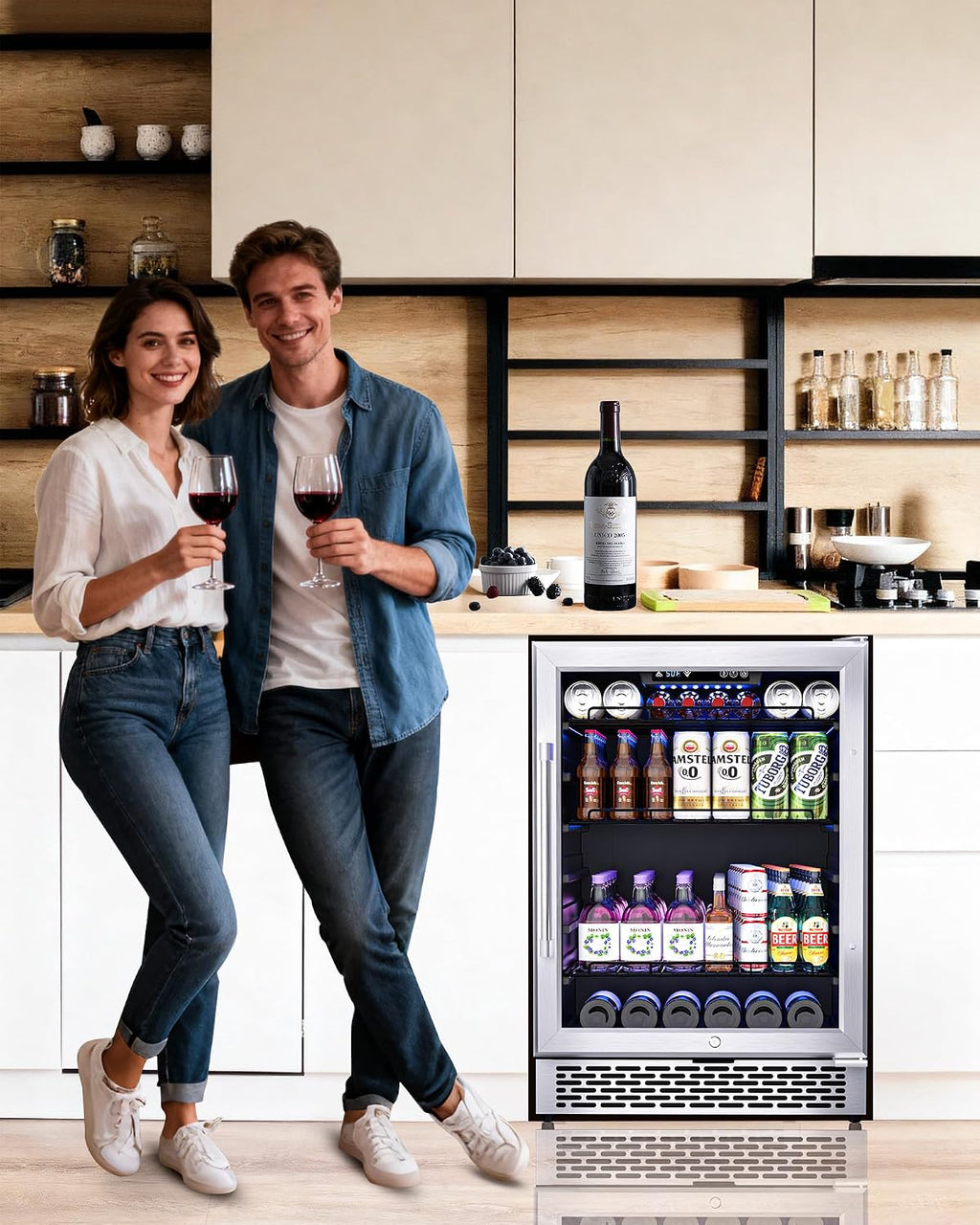 24-Inch Beverage Refrigerator, 180-Can Built-in or Freestanding Drink Fridge with Glass Door and LED Lighting – Beverage Cooler for Soda, Beer, and Water (metallic silver, 5.2 cubic feet)