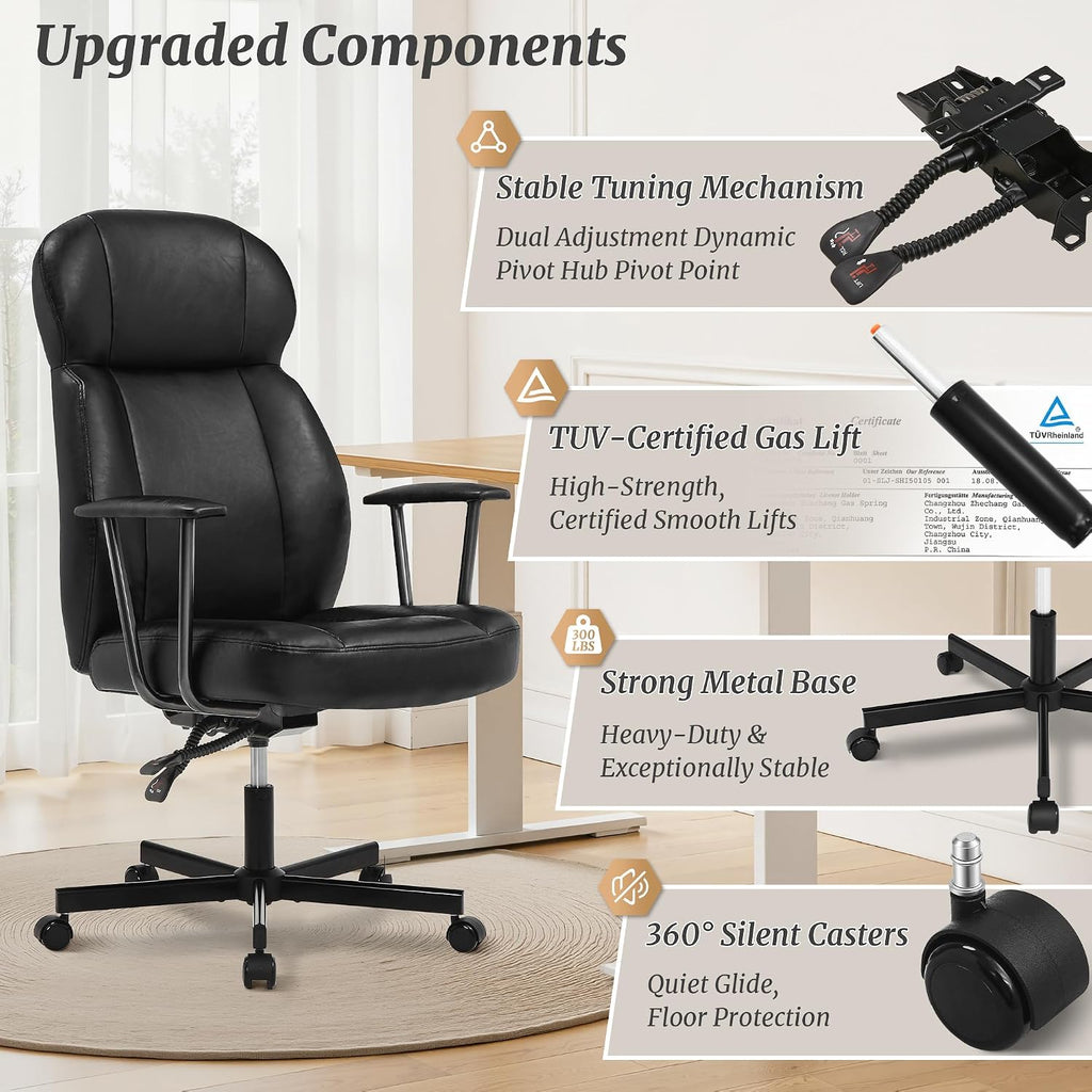 Cozyman Ergonomic PU Leather Home Office Chair, High Back Executive Desk Chair with 5-Layer Cushion, 95-135° Reclining Back, Lumbar Support, Adjustable Height, 360° Swivel for Home Office Task, Black